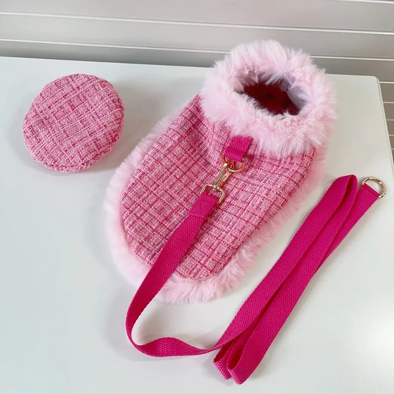 Ins Tweed Cloak Puppy Coat Pet Cloak Pet Supplies Cape Dog Chest Strap Drawstring Cute Beret Dog Harness Dogs Accessories