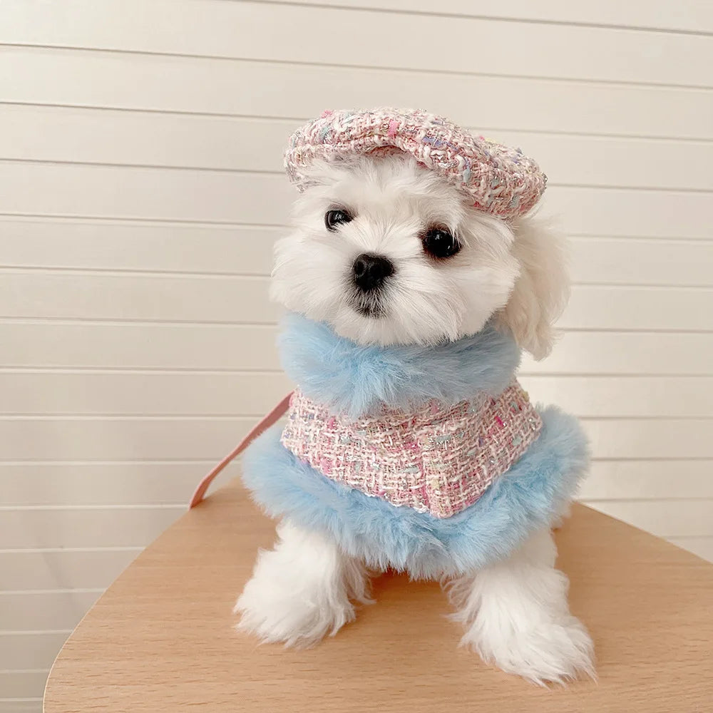 Ins Tweed Cloak Puppy Coat Pet Cloak Pet Supplies Cape Dog Chest Strap Drawstring Cute Beret Dog Harness Dogs Accessories