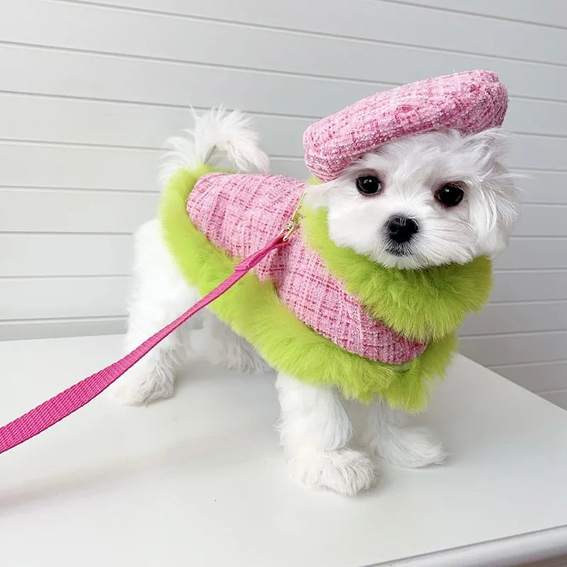 Ins Tweed Cloak Puppy Coat Pet Cloak Pet Supplies Cape Dog Chest Strap Drawstring Cute Beret Dog Harness Dogs Accessories