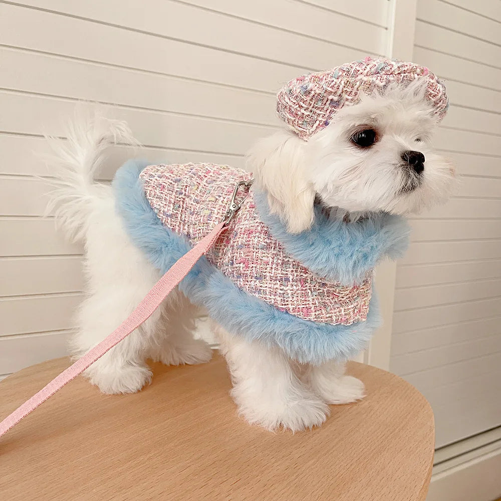 Ins Tweed Cloak Puppy Coat Pet Cloak Pet Supplies Cape Dog Chest Strap Drawstring Cute Beret Dog Harness Dogs Accessories