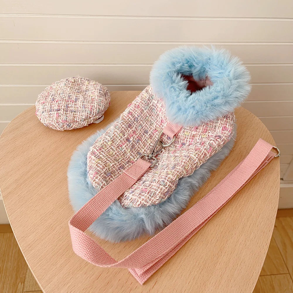 Ins Tweed Cloak Puppy Coat Pet Cloak Pet Supplies Cape Dog Chest Strap Drawstring Cute Beret Dog Harness Dogs Accessories