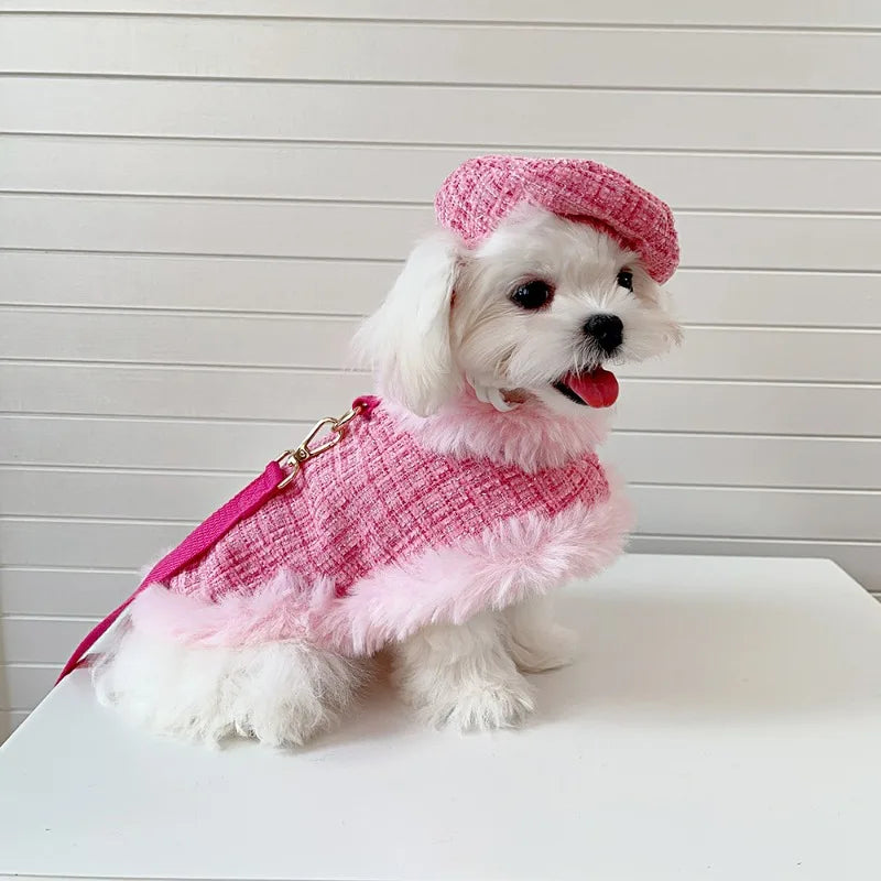 Ins Tweed Cloak Puppy Coat Pet Cloak Pet Supplies Cape Dog Chest Strap Drawstring Cute Beret Dog Harness Dogs Accessories