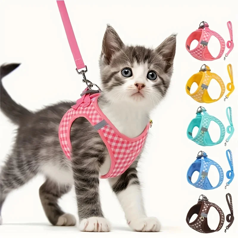 Pet Cat Set, Plaid Pattern Breathable Fabric, Durable Metal Accessories with Reflective Strips, Washable, Polyester Fiber, Suitable for Most Cats, Pet Supplies Cat Accessories, Collar, Leash