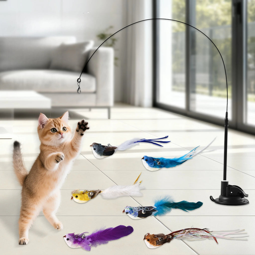 New Handfree Bird Cat Wand with Bell Cat Toys Interactive Powerful Suction Cup for Cats Kitten Hunting Exercise Pet Products