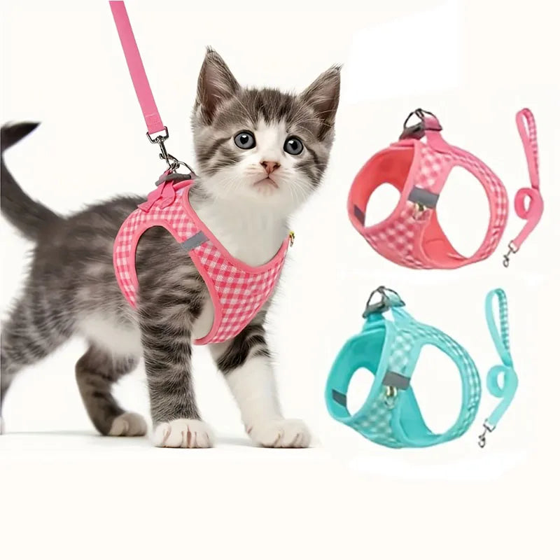 Pet Cat Set, Plaid Pattern Breathable Fabric, Durable Metal Accessories with Reflective Strips, Washable, Polyester Fiber, Suitable for Most Cats, Pet Supplies Cat Accessories, Collar, Leash