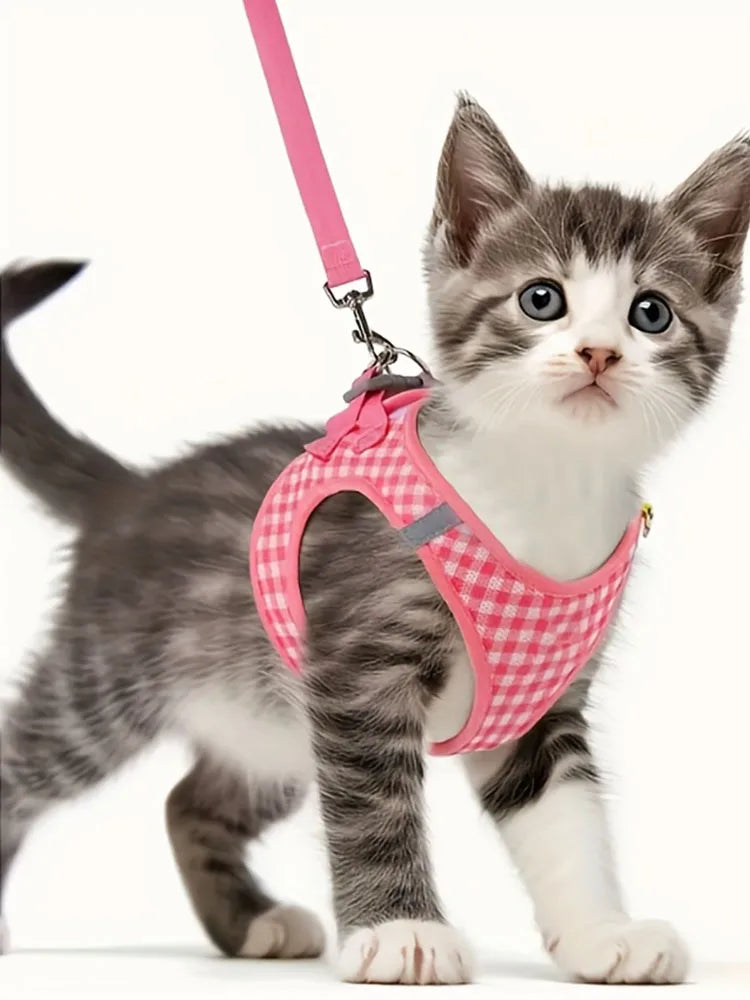 Pet Cat Set, Plaid Pattern Breathable Fabric, Durable Metal Accessories with Reflective Strips, Washable, Polyester Fiber, Suitable for Most Cats, Pet Supplies Cat Accessories, Collar, Leash