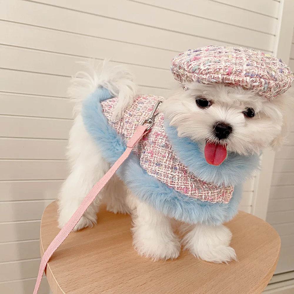 Ins Tweed Cloak Puppy Coat Pet Cloak Pet Supplies Cape Dog Chest Strap Drawstring Cute Beret Dog Harness Dogs Accessories